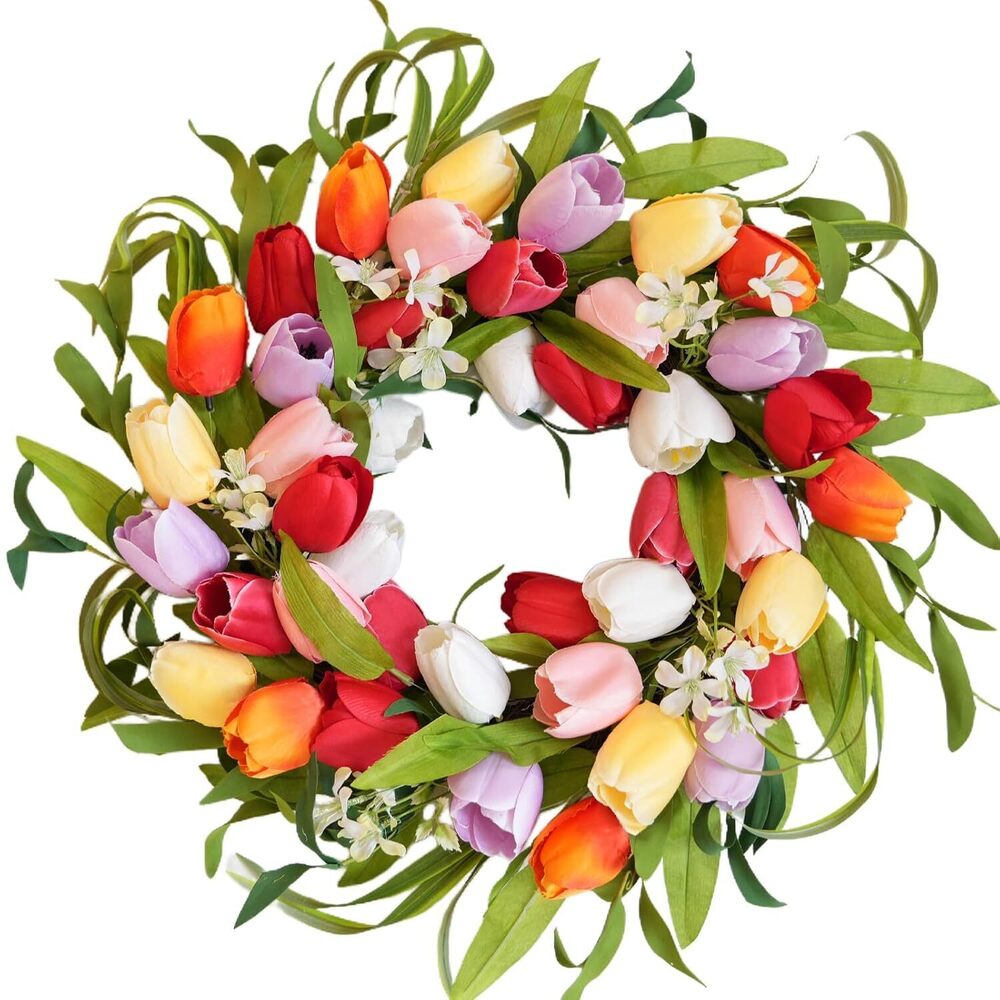 20 Inch Spring Five-Color Tulip Wreath, for Front Door Window Porch